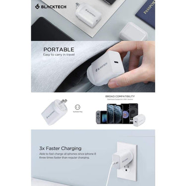 Blacktech USB-C 20W PD Power Wall Adapter Charger for iPhone | Andriod- White - Accessories